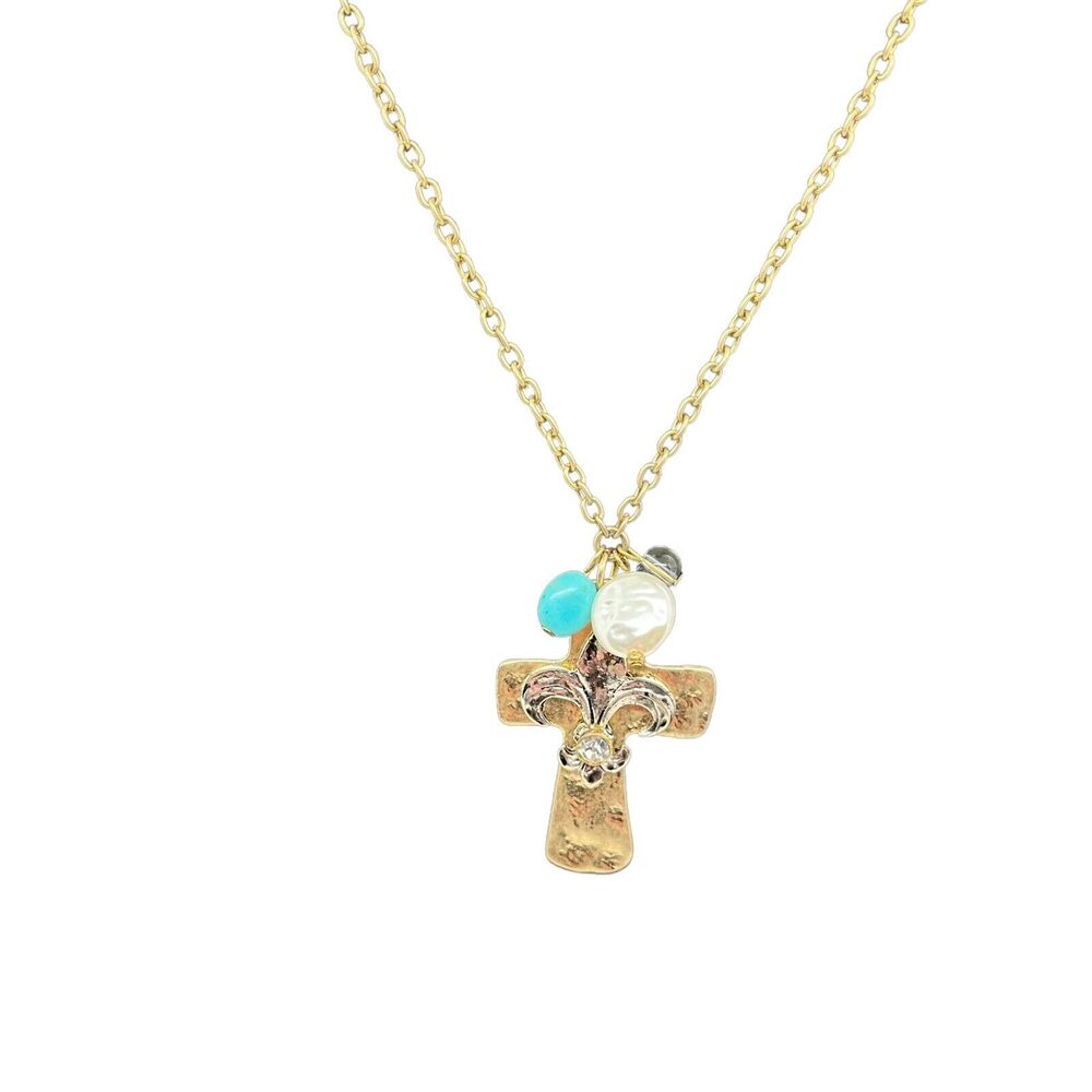 Fleur de Lis Cross Necklace Nola Style New Orleans Style Mixed Metals "Stones"